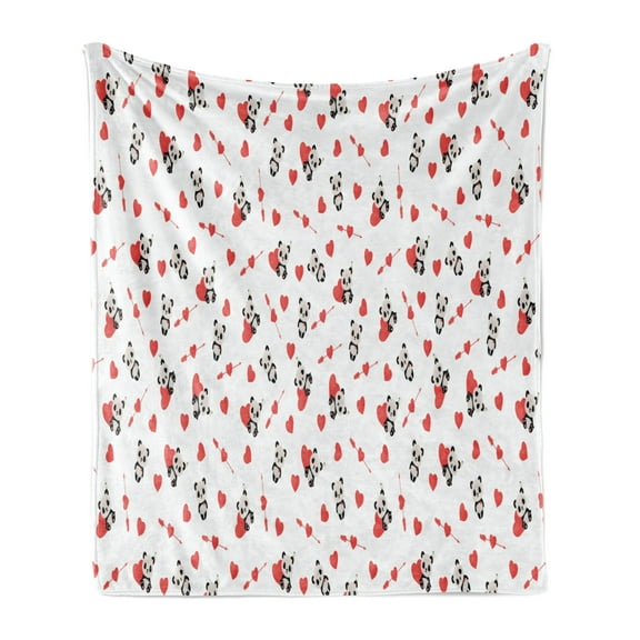 Love Soft Flannel Fleece Throw Blanket, Panda Bear in Love Sitting with Vivid Heart and Arrows, Cozy Plush for Indoor and Outdoor Use, 60" x 80", Vermilion Beige Black, by Ambesonne