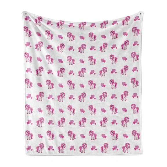 Love Soft Flannel Fleece Throw Blanket, Pink Hearts and Pony Horse Kids Girls Design Fairytale Toy Animal Cartoon, Cozy Plush for Indoor and Outdoor Use, 50" x 70", Hot Pink White, by Ambesonne