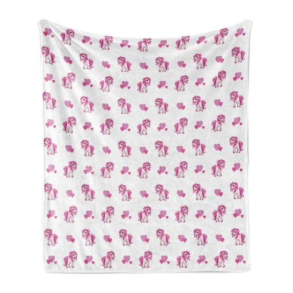 Love Soft Flannel Fleece Throw Blanket, Pink Hearts and Pony Horse Kids Girls Design Fairytale Toy Animal Cartoon, Cozy Plush for Indoor and Outdoor Use, 60" x 80", Hot Pink White, by Ambesonne