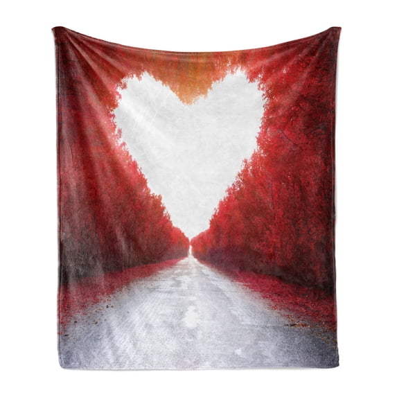 Love Soft Flannel Fleece Throw Blanket, Road to Love Tunnel Autumn Trees Foliage Forest Landscape Scenery Rural Nature Art, Cozy Plush for Indoor and Outdoor Use, 70" x 90", Red White, by Ambesonne