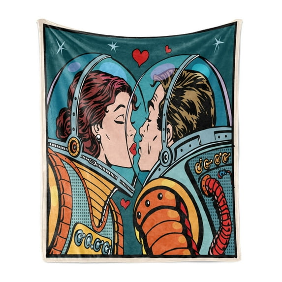 Love Soft Flannel Fleece Throw Blanket, Space Man and Woman Astronauts Kissing Science Cosmos Couple Pop Art Design Print, Cozy Plush for Indoor and Outdoor Use, 50" x 70", Multicolor, by Ambesonne
