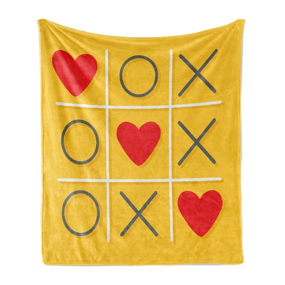 Love Soft Flannel Fleece Throw Blanket, Tic-Tac-Toe Game with Xoxo Flat Design Let Me Kiss You Funny Romantic Illustration, Cozy Plush for Indoor and Outdoor Use, 50" x 70", Yellow Red, by Ambesonne