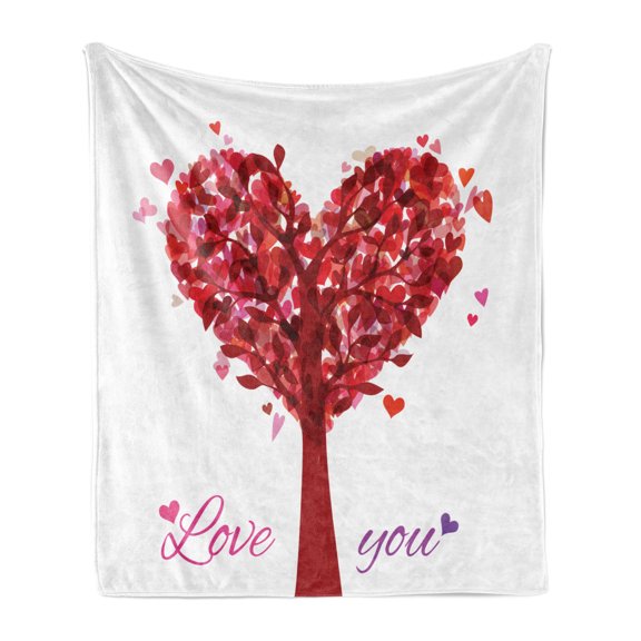 Love Soft Flannel Fleece Throw Blanket, Tree in the Shape of Heart Holiday Romance Garden Vintage Style Design, Cozy Plush for Indoor and Outdoor Use, 50" x 70", Ruby Pink Purple, by Ambesonne