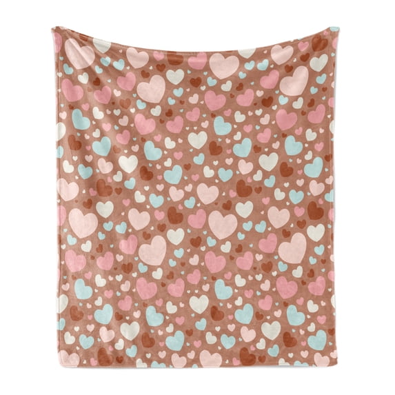 Love Soft Flannel Fleece Throw Blanket, Valentine Love with Colorful Hearts Birthday Creative Marriage Art, Cozy Plush for Indoor and Outdoor Use, 50" x 70", Pale Brown Pink Blue, by Ambesonne
