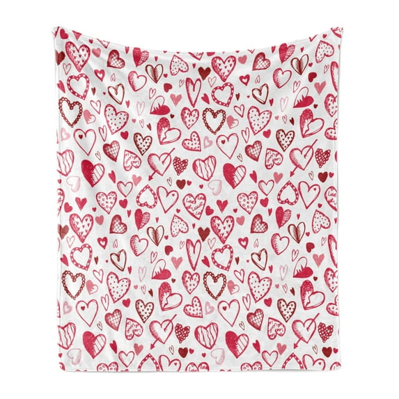Love Soft Flannel Fleece Throw Blanket, Valentine Hearts Gatherings Engagement Honeymoon Arrow Doodle Style Print, Cozy Plush for Indoor and Outdoor Use, 60" x 80", Magenta Ruby White, by Ambesonne