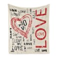 thumbnail image 1 of Love Soft Flannel Fleece Throw Blanket, Vintage Love Lettering with Abstract Backdrop Celebration Emotions, Cozy Plush for Indoor and Outdoor Use, 50" x 70", Beige Vermilion Black, by Ambesonne, 1 of 5