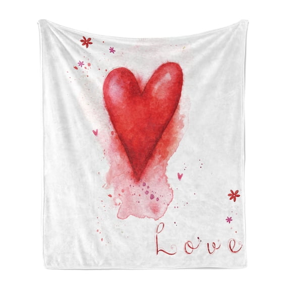 Love Soft Flannel Fleece Throw Blanket, Watercolors Painted Heart Form with Leaking Splash Elements on It Flower Boho Print, Cozy Plush for Indoor and Outdoor Use, 50" x 70", Red White, by Ambesonne