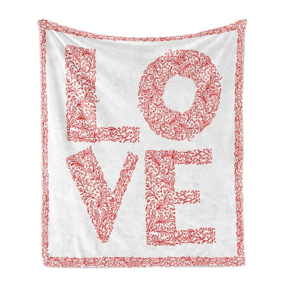 Love Soft Flannel Fleece Throw Blanket, Word Love with Floral Ornament Nature Inspiration Valentines Day Illustration, Cozy Plush for Indoor and Outdoor Use, 70" x 90", Vermilion White, by Ambesonne