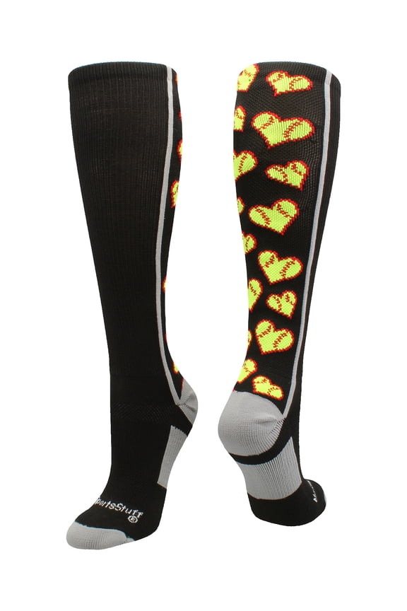 Love Softball Socks with Hearts Over the Calf (Black/Grey, Large)