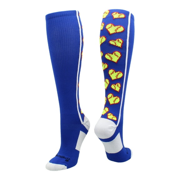 Love Softball Socks with Hearts Over the Calf (Royal/White, Medium)