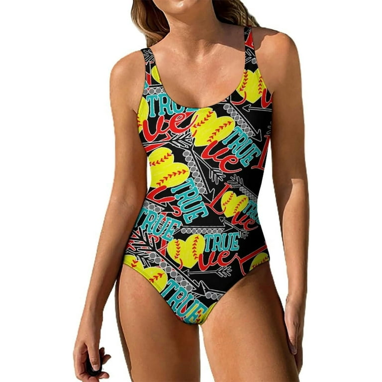 Love Softball Women s One Piece Swimsuit Tummy Control Bathing Suit Backless Swimwear