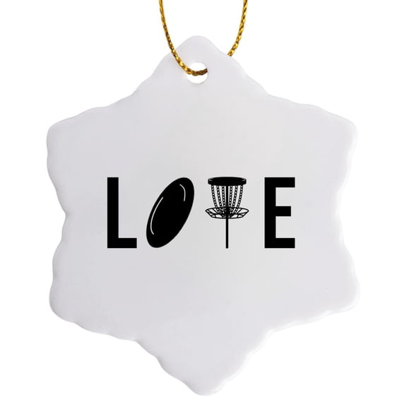 3drose, Love Spelled with Disc Golf Clipart. Black on White Background., 3 inch Snowflake Porcelain Ornament