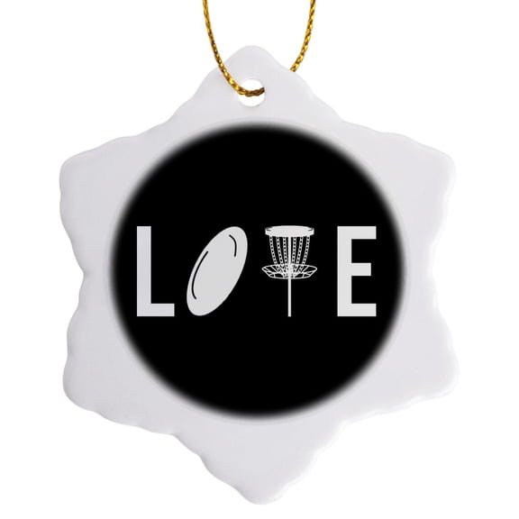 3drose, Love Spelled with Disc Golf Clipart. White on Black Background., 3 inch Snowflake Porcelain Ornament