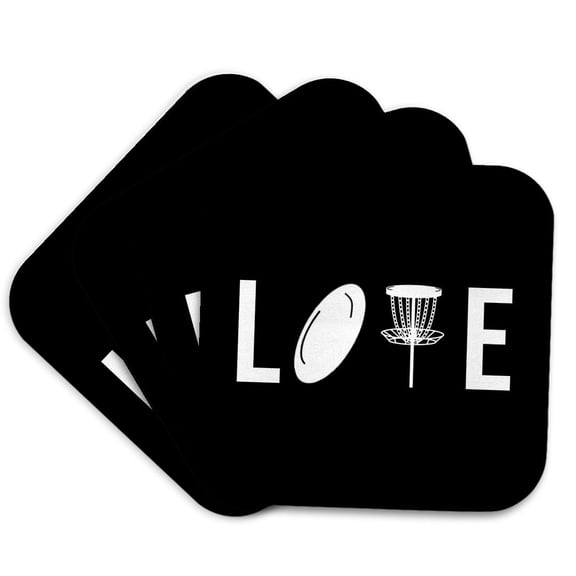 3drose, Love Spelled with Disc Golf Clipart. White on Black Background., Set of 4 Coasters - Soft