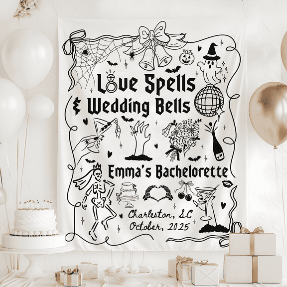 Love Spells & Wedding Bells Bachelorette Tapestry, Witchy Bachelorette Party Banner, Halloween Bridal Decor, Halloween Bachelorette Sign