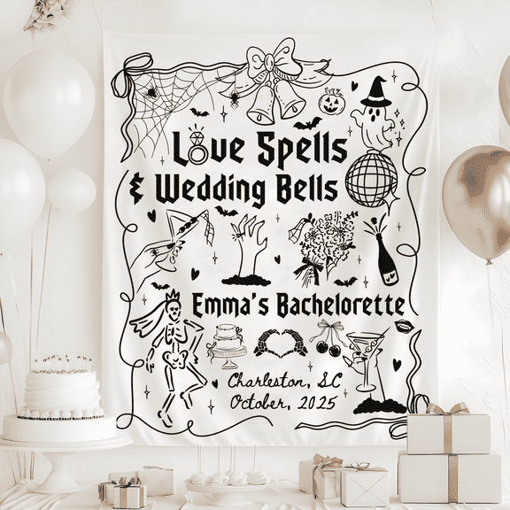 BASNITU Bachelorette Party Tapestry, Love Spells & Wedding Bells Witchy Backdrop Decor