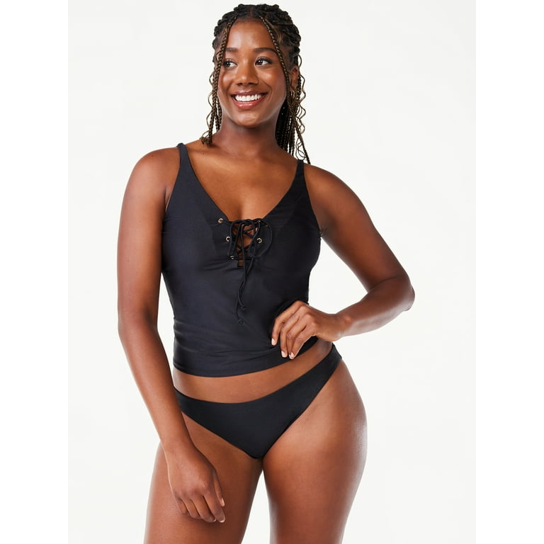 Love & Sports Women's Black Shimmer Lace-Up Tankini Top, Sizes XS