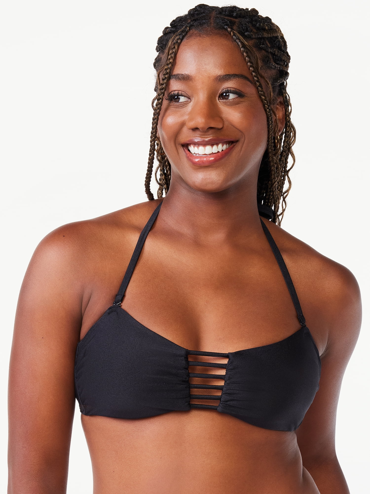 Love & Sports Women's Black Shimmer Strappy Bandeau Bikini Top with