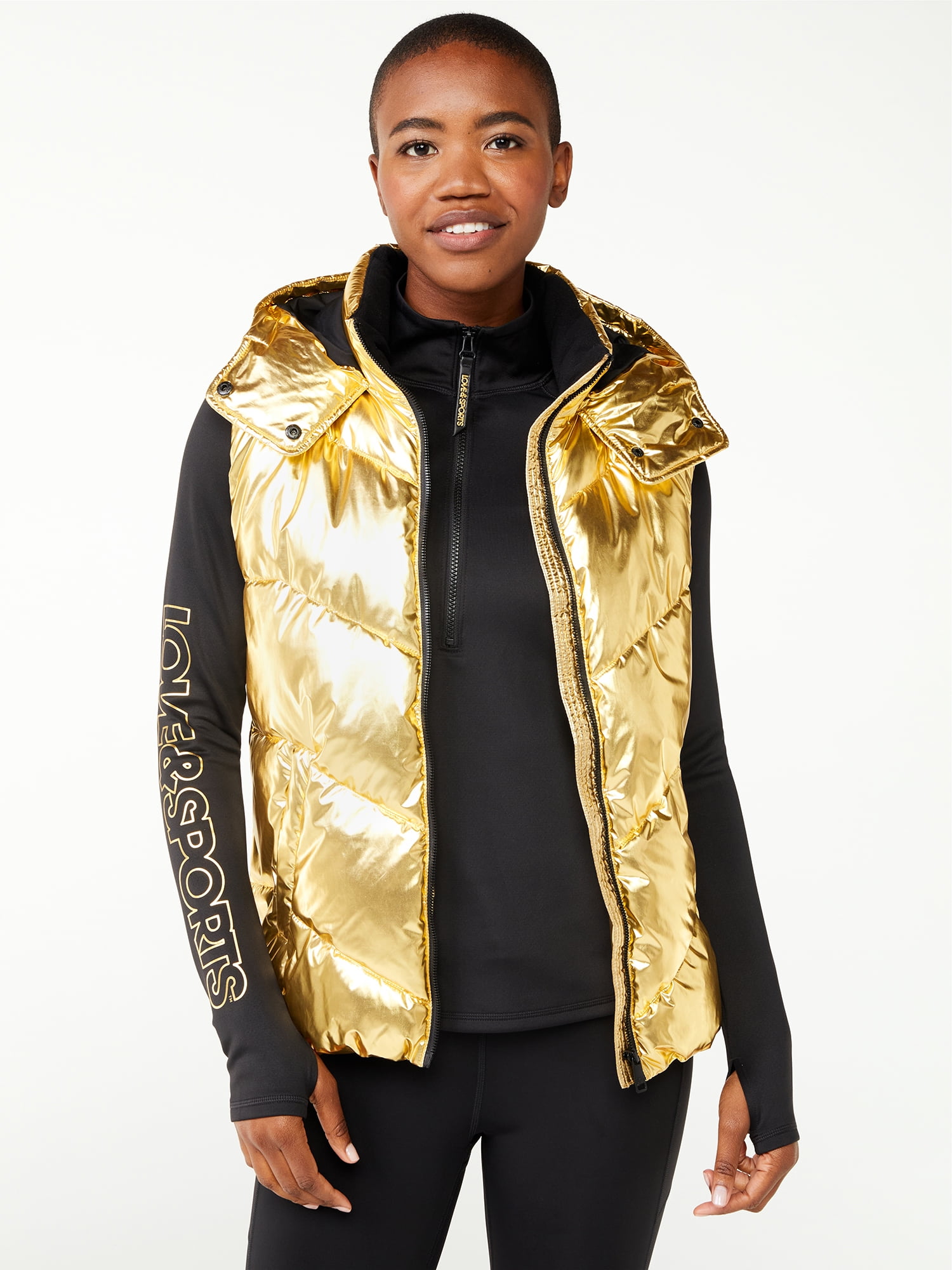 Love & Sports Women's Gold Foil Puffer Vest with Hood 
