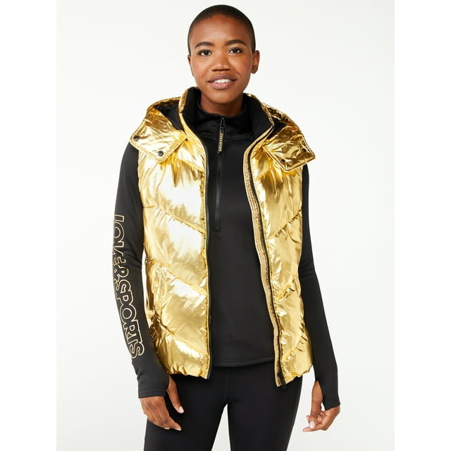 Love & Sports Women's Gold Foil Puffer Vest with Hood