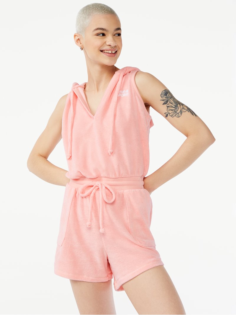 Love Sports Women's Terry Cloth Romper with Hood, Sleeveless, V