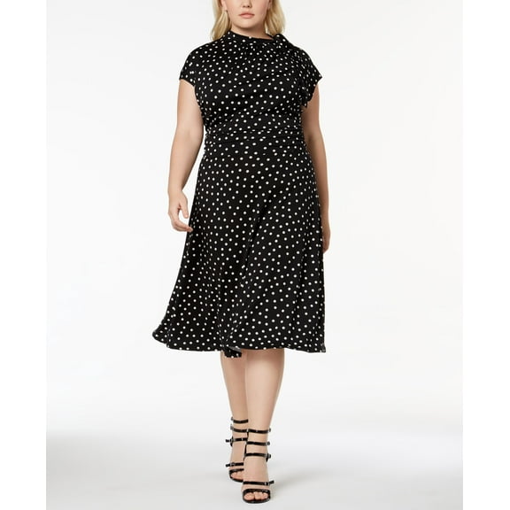 Love Squared Trendy Plus Size Mock Neck Retro Dress Black Ivory 1X