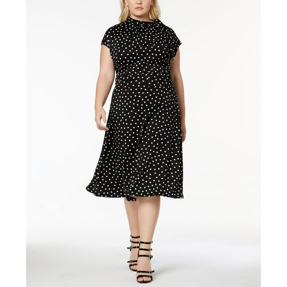 Love Squared Trendy Plus Size Mock Neck Retro Dress Black Ivory 1X