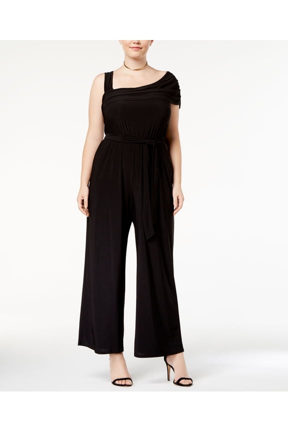 Love Squared Trendy Plus Size One Shoulder Jumpsuit Black 3X