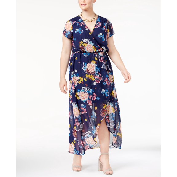 Love Squared Trendy Plus Size Printed Wrap Dress Navy Floral 1X