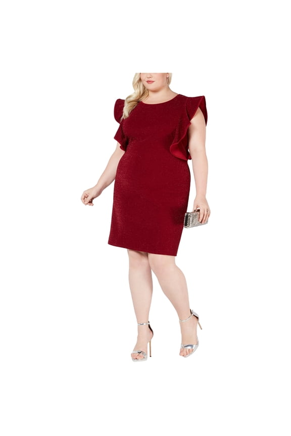 Womens Glitter Sheath Ruffled Dress, Red, Plus Size, 1X