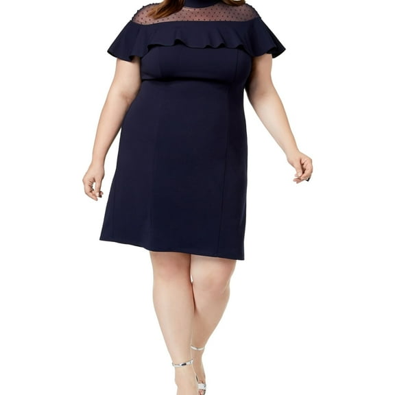 Love Squared Womens Illusion Flounce Dress, Blue, Plus Size, 1X