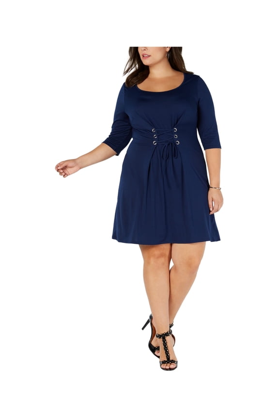 Womens Plus Corset Scoop Neck Elbow Sleeves Casual Dress