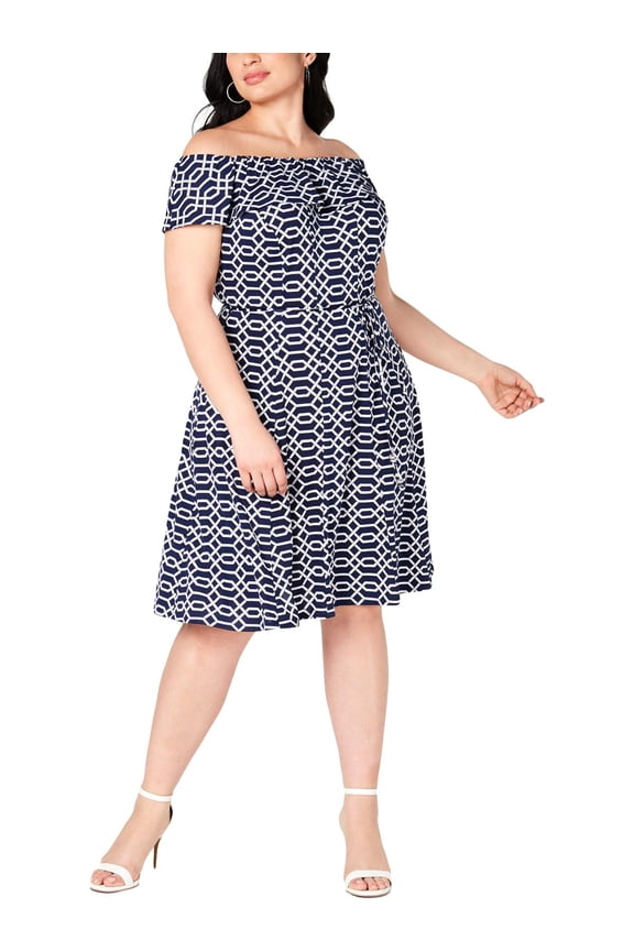 Womens Plus Printed Daytime Casual Dress Blue 1X