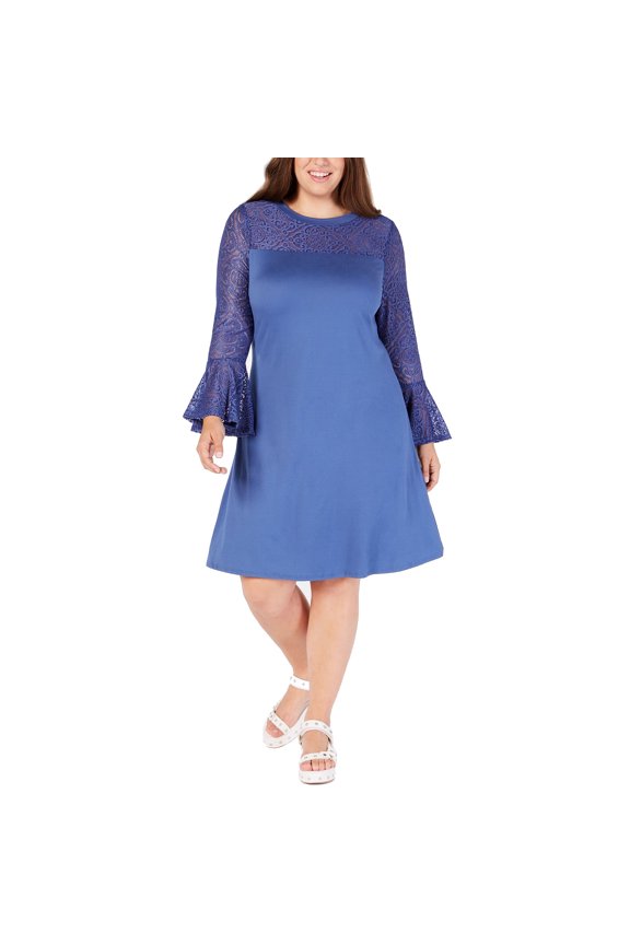 Womens Trendy Plus Size Lace Yoke A Line Dress Size-3X Color-Blue