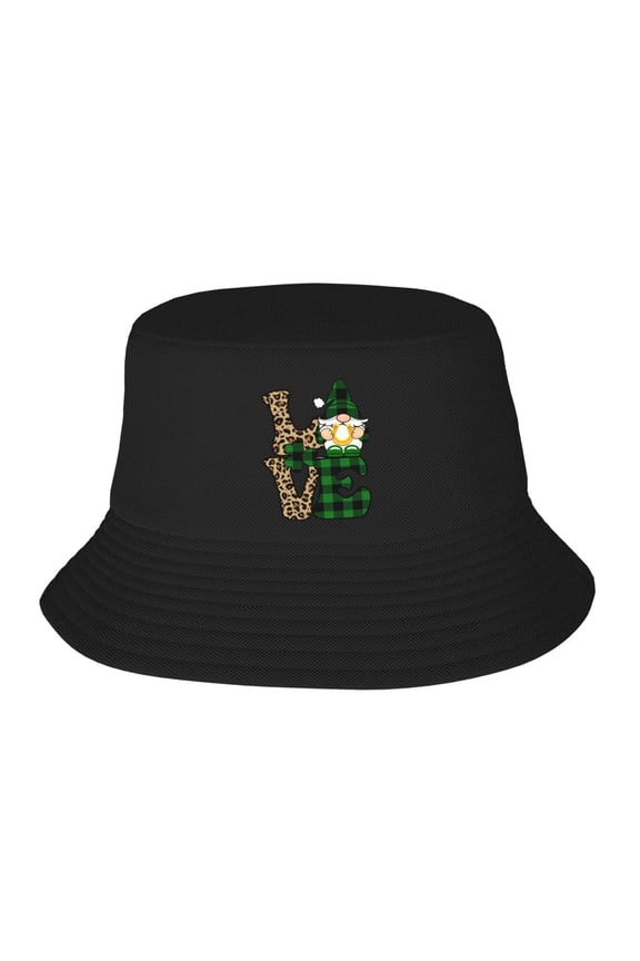 Love St Patrick's Day Gnome Polyester Casual Bucket Hat, Black, One Size, 1 Count