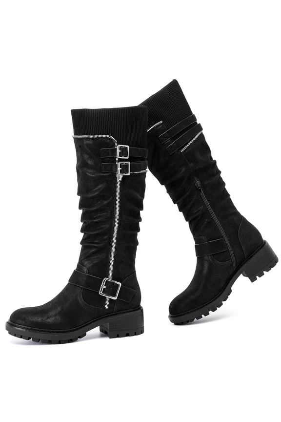 Knee High Boots for Women Comfort Low Heeled Tall Long Boot Round Toe Fall Winter Flat Riding Combat Womens Boots.