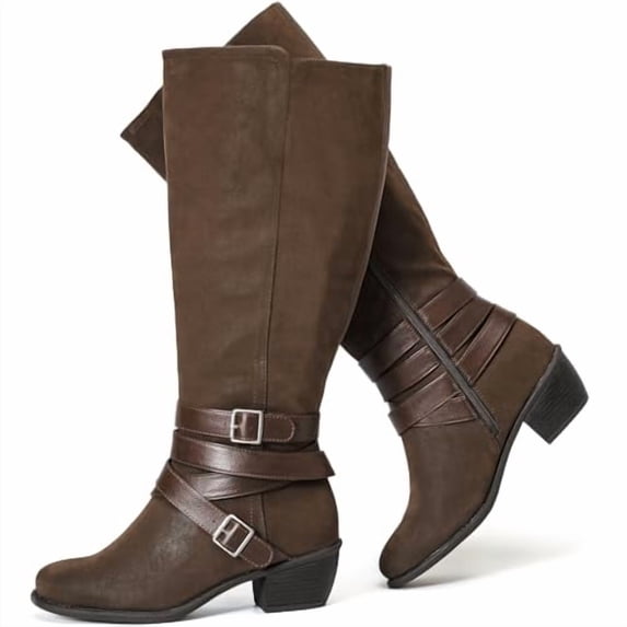 Love Steetly Women's Extra Wide Calf Knee High Boots, Multi Strap Buckle Western Boots, Round Toe Chunky Block Heel Side Zipper Tall Boots.