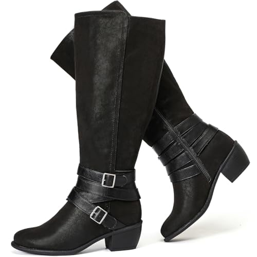 Love Steetly Women's Extra Wide Calf Knee High Boots, Multi Strap Buckle Western Boots, Round Toe Chunky Block Heel Side Zipper Tall Boots.