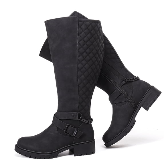 Love Steetly Women's Extra Wide Calf Knee High Boots, Quilted Tall Boots with Buckle Chain, Block Heel Side Zipper Non-Slip Winter Boots.