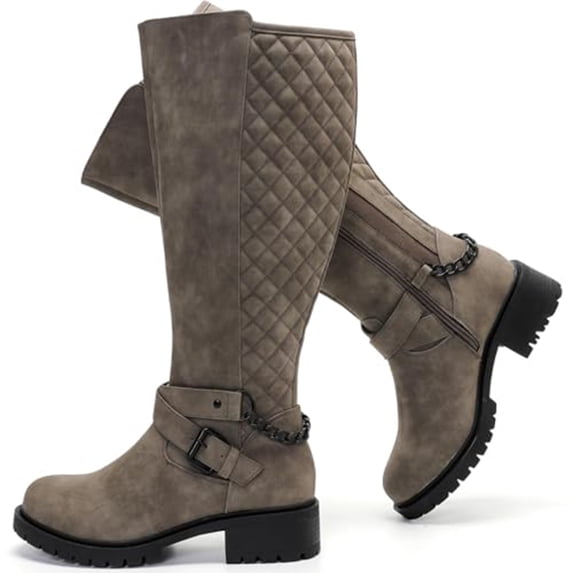 Love Steetly Women's Extra Wide Calf Knee High Boots, Quilted Tall Boots with Buckle Chain, Block Heel Side Zipper Non-Slip Winter Boots.