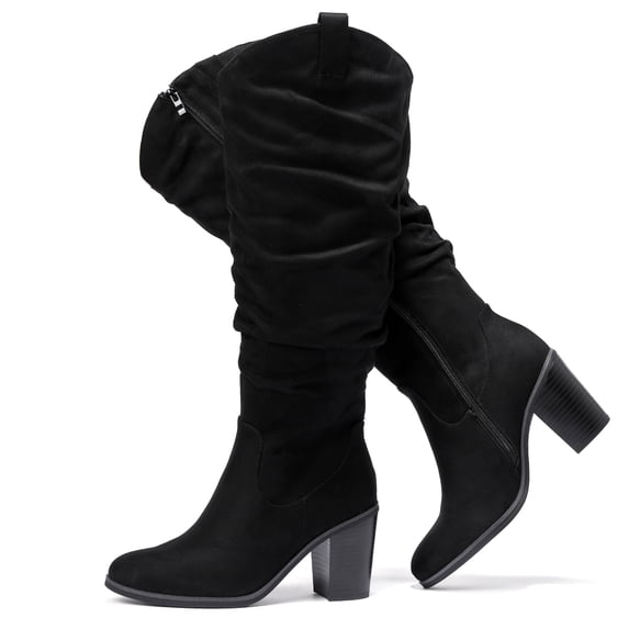 Love Steetly Women's Extra Wide Calf Knee High Boots, Slouchy Ruched Shaft, Chunky Block Heel Side Zip Casual Winter Tall Boots.