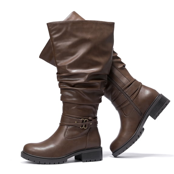 Love Steetly Women's Extra Wide Calf Knee High Boots, Slouchy Ruched Tall Boots, Harness Buckle Strap, Chunky Lug Sole Block Heel Side Zipper Boots.