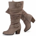 thumbnail image 1 of Love Steetly Women's Extra Wide Calf Knee High Boots, Soft Faux Suede, Two Large Round Buckle Straps, Slouchy Ruched Shaft Textured Stacked Heel Boots., 1 of 8