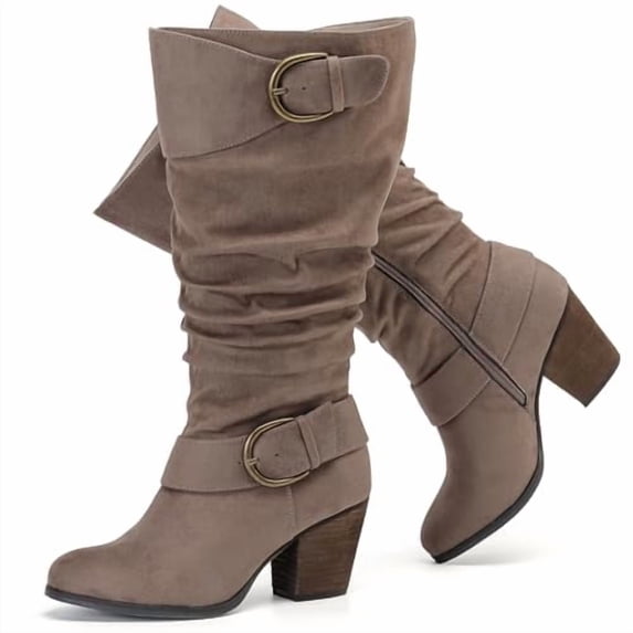 Love Steetly Women's Extra Wide Calf Knee High Boots, Soft Faux Suede, Two Large Round Buckle Straps, Slouchy Ruched Shaft Textured Stacked Heel Boots.