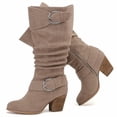 thumbnail image 1 of Love Steetly Women's Extra Wide Calf Knee High Boots, Soft Faux Suede, Two Large Round Buckle Straps, Slouchy Ruched Shaft Textured Stacked Heel Boots., 1 of 8