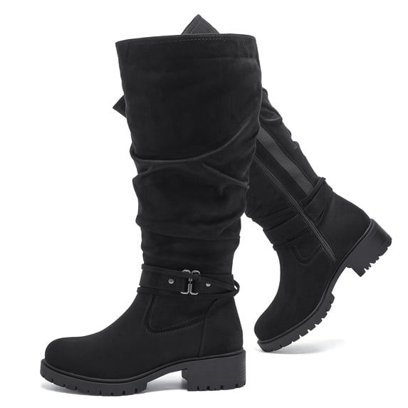 Love Steetly Women's Extra Wide Calf Knee High Boots, Slouchy Ruched Tall Boots, Harness Buckle Strap, Chunky Lug Sole Block Heel Side Zipper Boots.