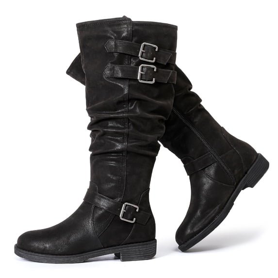Love Steetly Women's Extra Wide Calf Knee High Boots, Slouchy Shaft with Triple Buckle Straps, Low Stacked Heel Side Zipper Casual Riding Tall Boots.