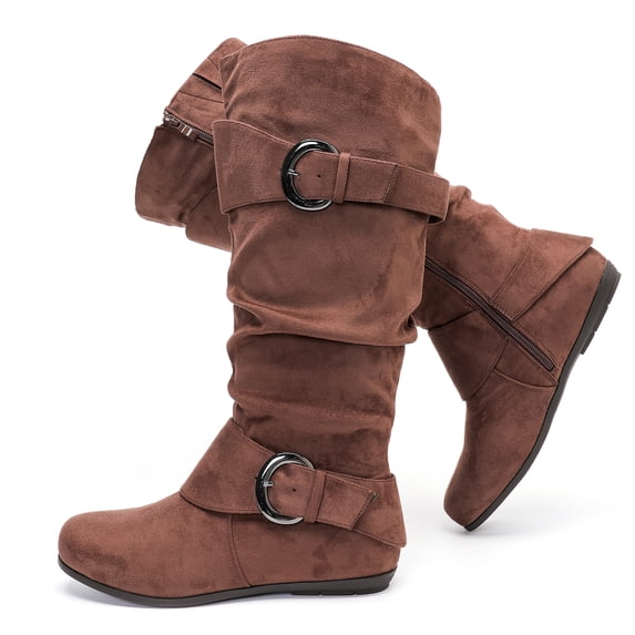 Love Steetly Women's Extra Wide Calf Knee High Boots, Slouchy Double Buckle Flat Fall Winter Boots.