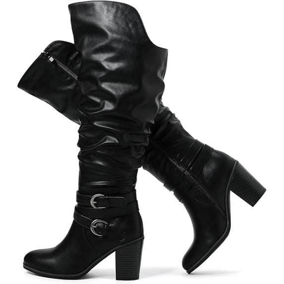 Love Steetly Women's Extra Wide Calf Knee High Boots, Slouchy Ruched Faux Leather, Double Buckle Accents, Chunky Block Heel Side Zipper Boots.