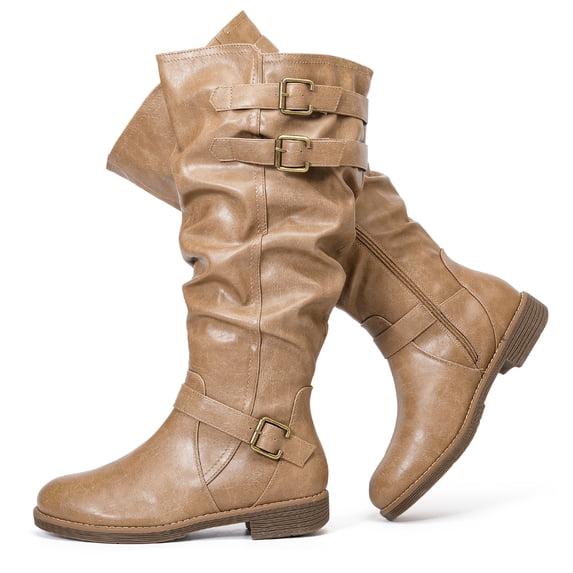 Love Steetly Women's Extra Wide Calf Knee High Boots, Slouchy Shaft with Triple Buckle Straps, Low Stacked Heel Side Zipper Casual Riding Tall Boots.